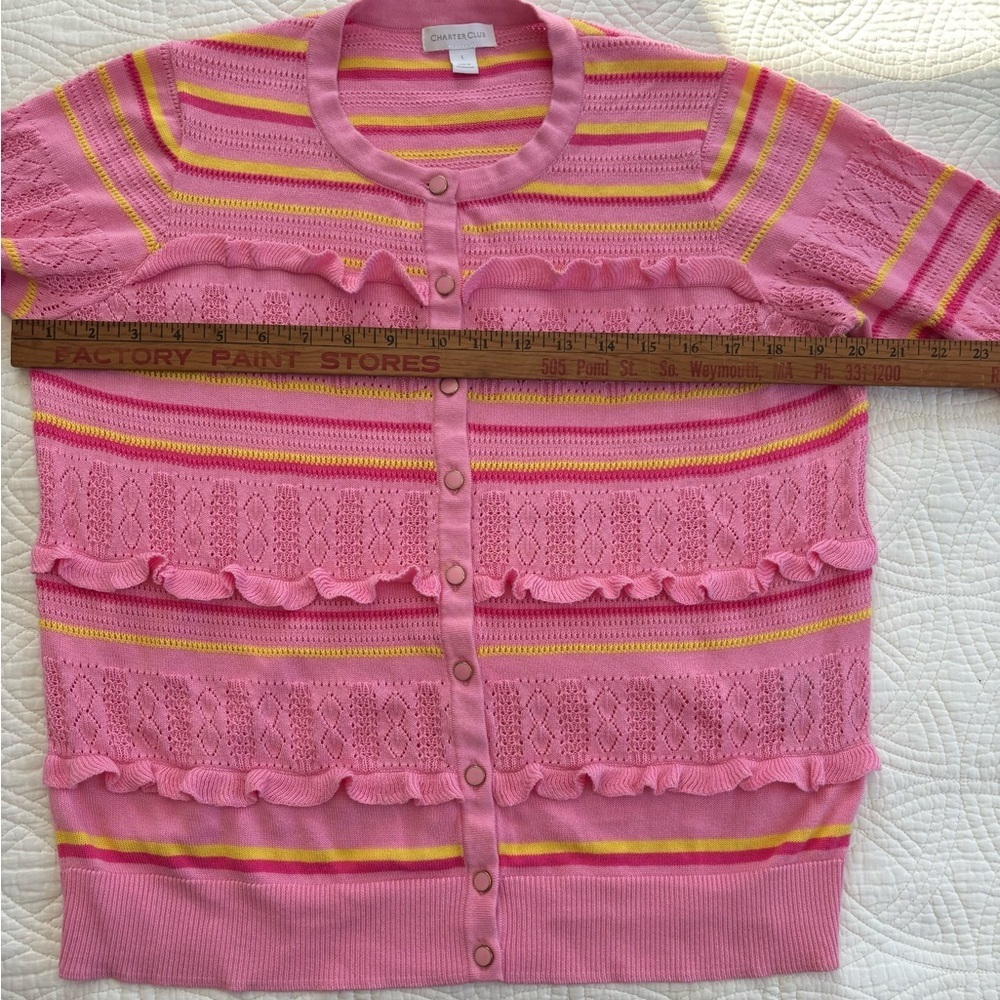 Ruffle Striped Pink and Yellow Cardigan Large Charter Club - Picture 4 of 10